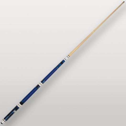 Queue de billard 4 parties bleu vue complète, modèle démontable avec poignée bleue texturée.