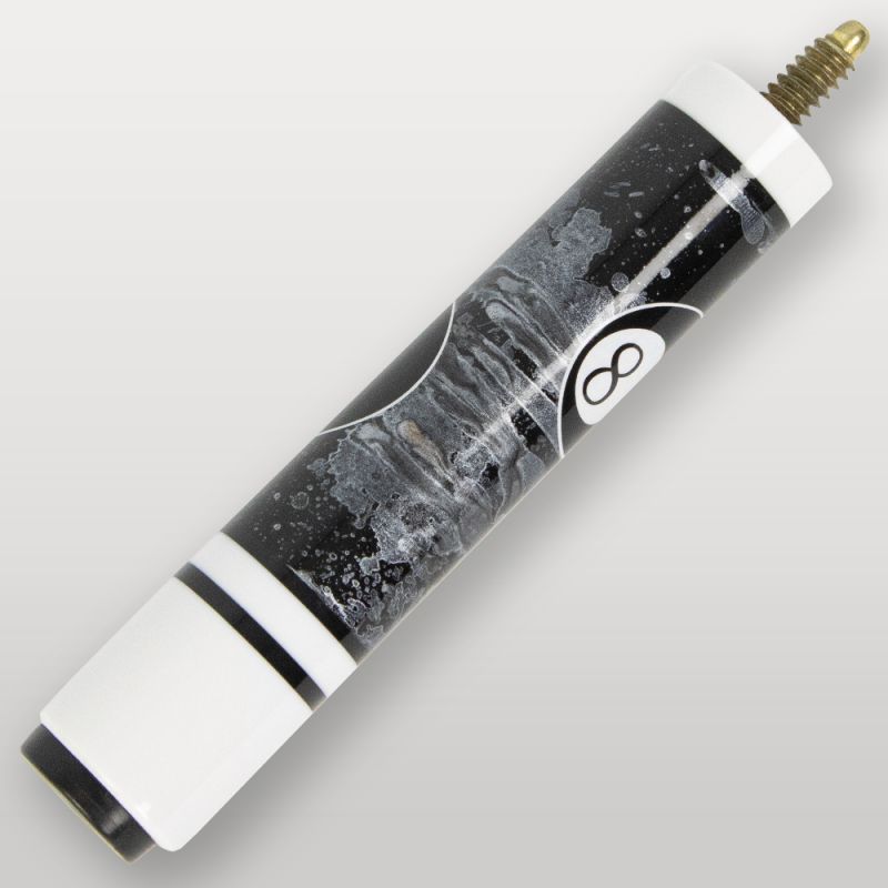 Détail du talon de la queue de billard 4 parties jaune, finition brillante avec logo 8.