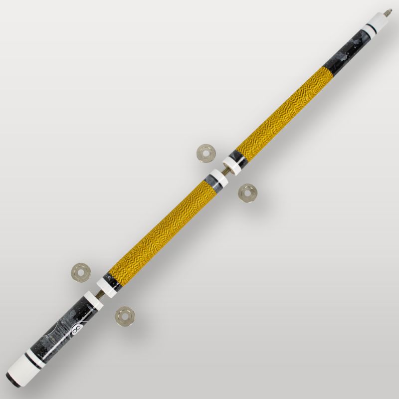 Fût complet de la queue de billard 4 parties jaune, design noir et jaune avec bagues décoratives.