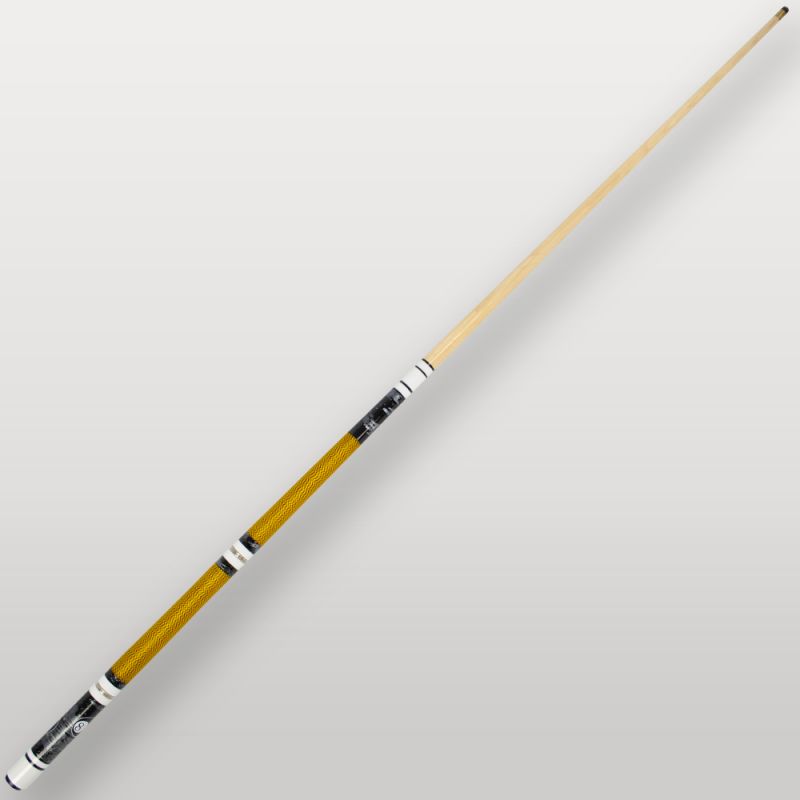 Queue de billard 4 parties jaune vue complète, modèle démontable avec poignée jaune texturée.