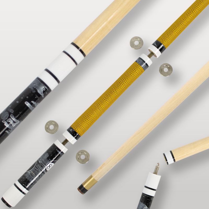 Image de couverture de la queue de billard 4 parties jaune, modèle design et démontable.