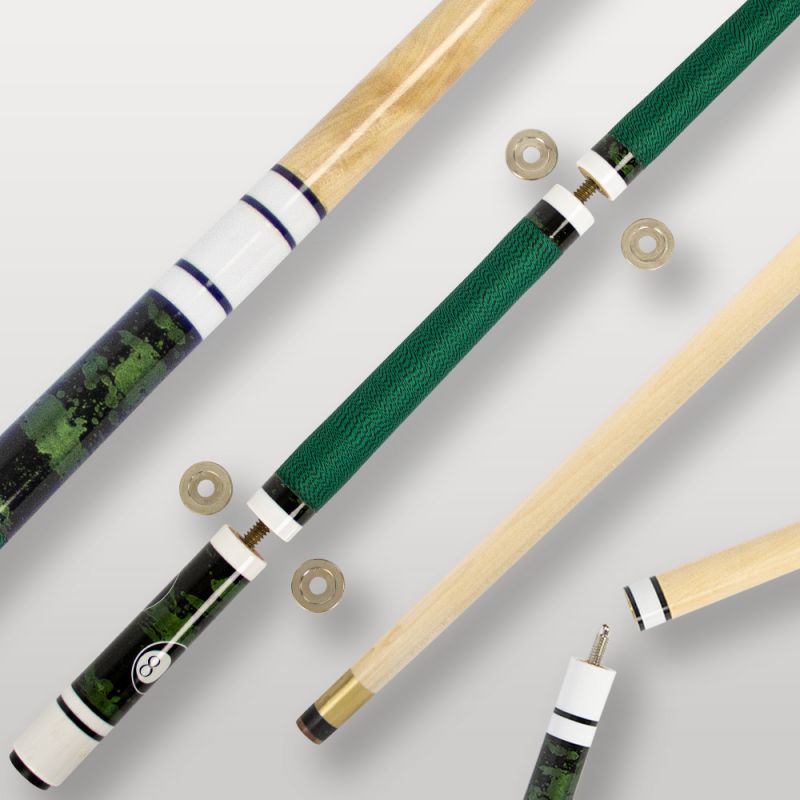 Image de couverture de la queue de billard 4 parties verte, modèle design et démontable.