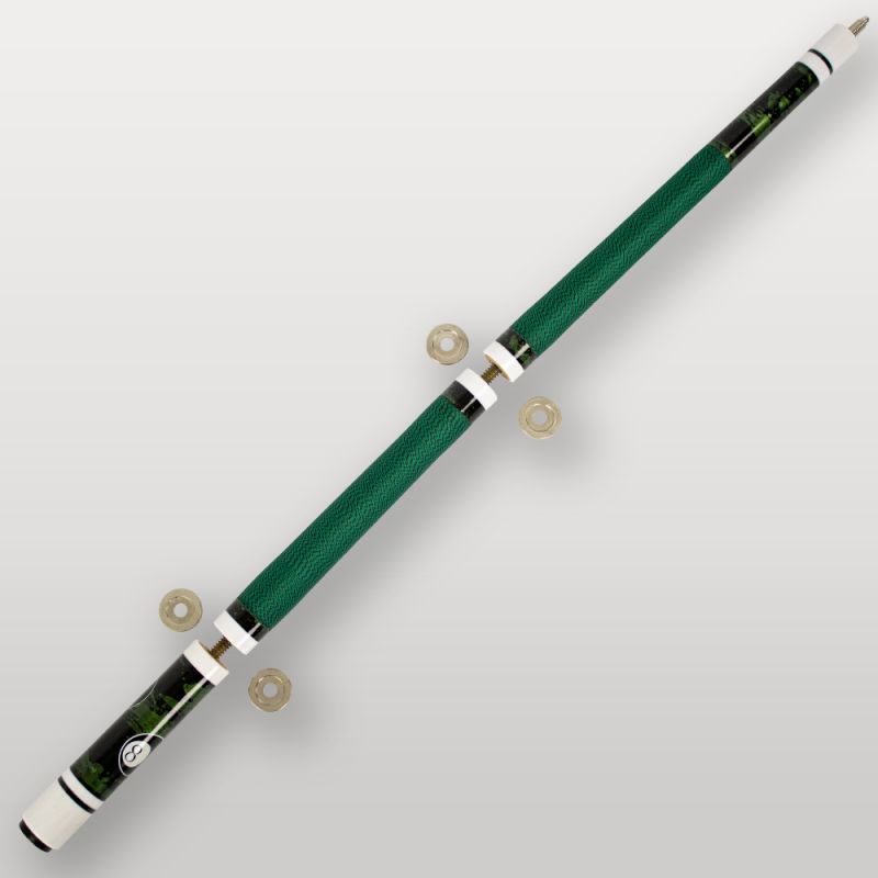 Fût complet de la queue de billard 4 parties verte, design noir et verte avec bagues décoratives.