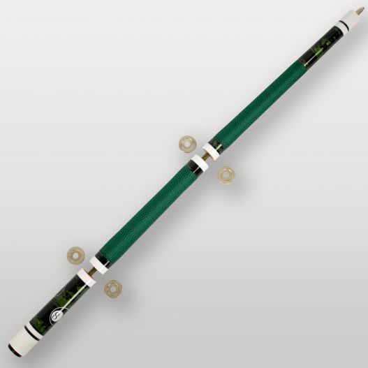 Fût complet de la queue de billard 4 parties verte, design noir et verte avec bagues décoratives.