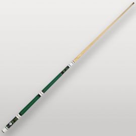 Queue de billard 4 parties verte vue complète, modèle démontable avec poignée bleue texturée.