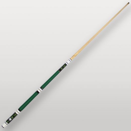 Queue de billard 4 parties verte vue complète, modèle démontable avec poignée bleue texturée.