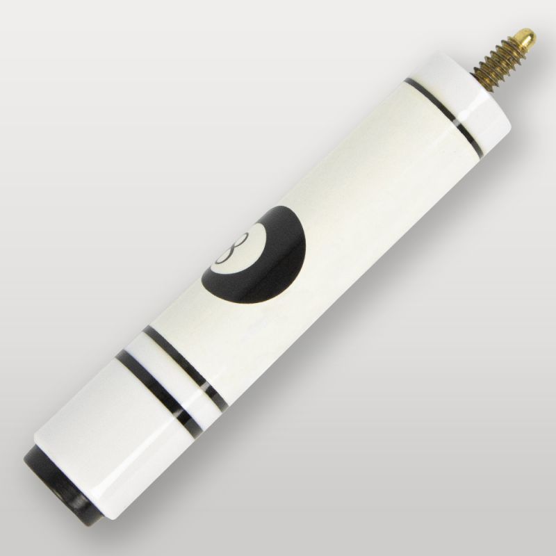 Détail du talon de la queue de billard 4 parties blanche, finition brillante avec logo 8.