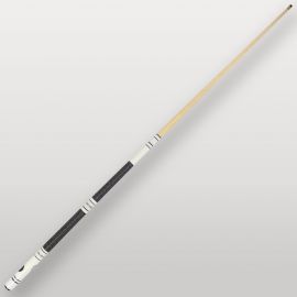 Queue de billard 4 parties blanche vue complète, modèle démontable avec poignée bleue texturée.