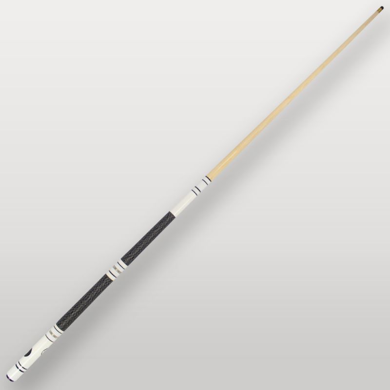 Queue de billard 4 parties blanche vue complète, modèle démontable avec poignée bleue texturée.