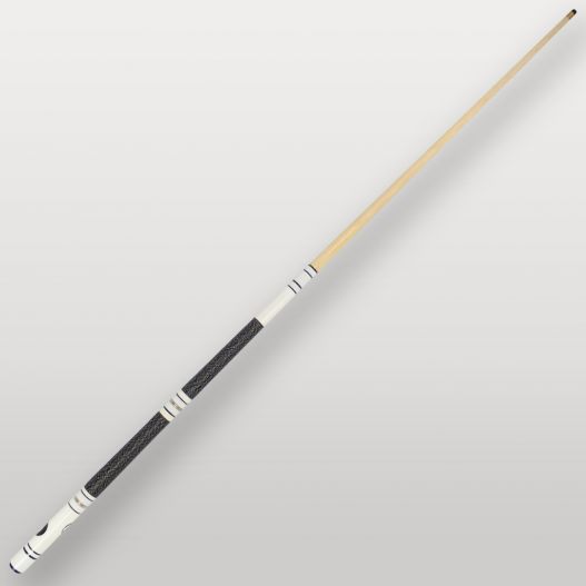 Queue de billard 4 parties blanche vue complète, modèle démontable avec poignée bleue texturée.