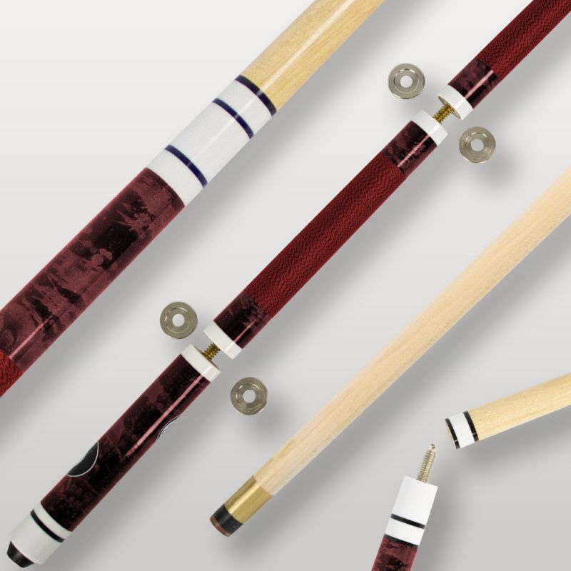 Image de couverture de la queue de billard 4 parties rouge, modèle design et démontable.