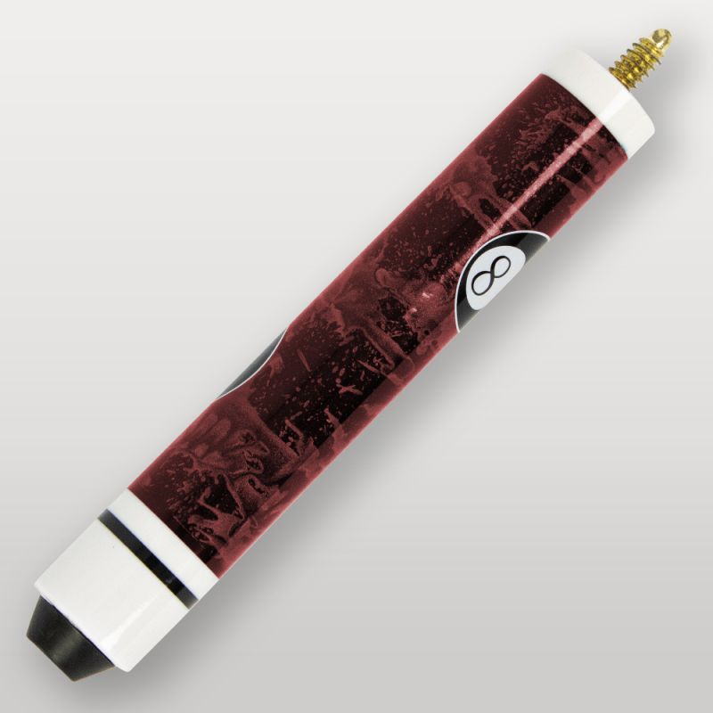 Détail du talon de la queue de billard 4 parties rouge, finition brillante avec logo 8.