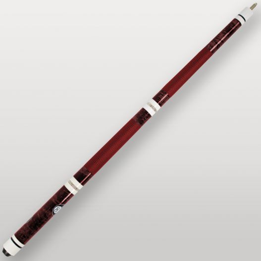 Gros plan sur le talon et les bagues blanches de la queue de billard 4 parties rouge.