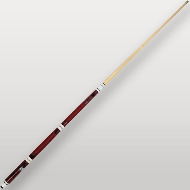 Queue de billard 4 parties rouge vue complète, modèle démontable avec poignée bleue texturée.