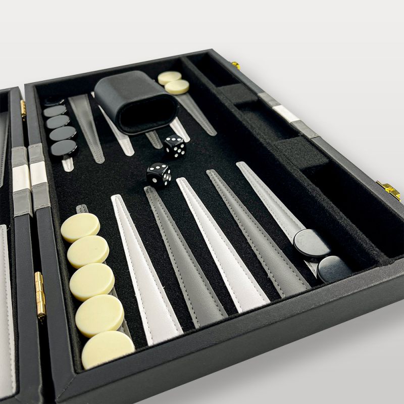 Backgammon en cuir – Jeu élégant en mallette noire et grise