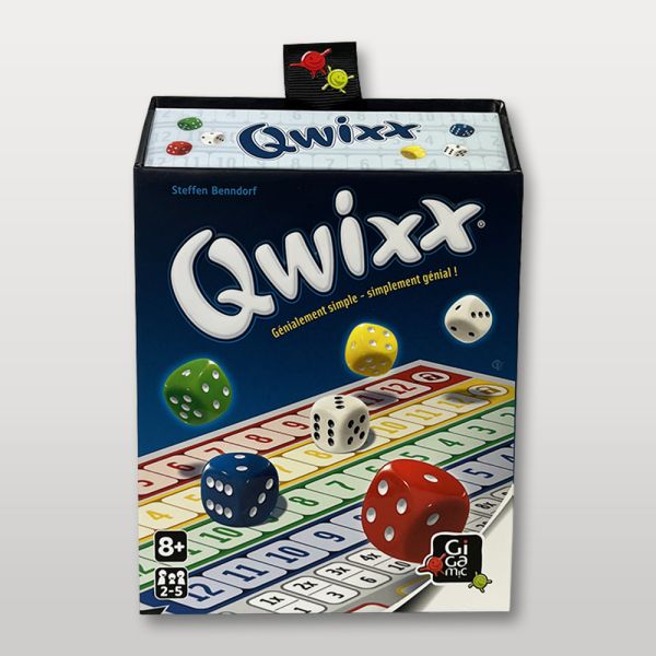 Boîte du jeu de dés Qwixx avec visuel coloré et logo Gigamic.
