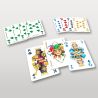 Cartes du jeu Les Cinq Rois étalées, comprenant des suites, des familles et un joker multicolore.