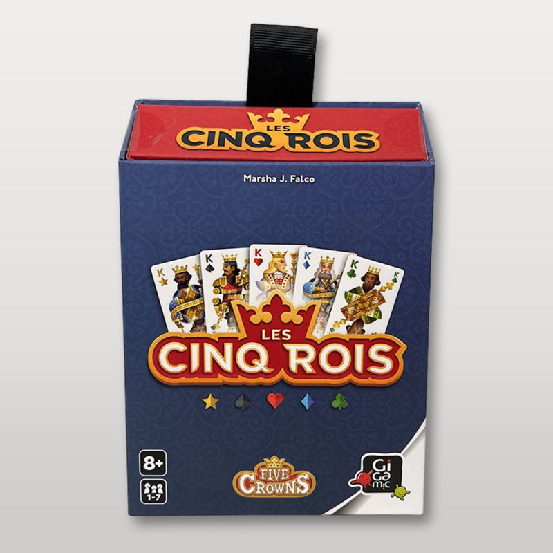 Boîte du jeu de cartes Les Cinq Rois, édité par Gigamic, avec cinq rois de couleurs différentes illustrés sur le devant.