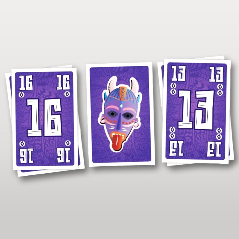 Cartes de jeu Cabanga avec des masques colorés et des chiffres en grand format.