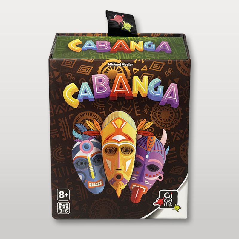 Boîte du jeu de cartes Cabanga aux couleurs vives, avec trois masques tribaux en illustration.