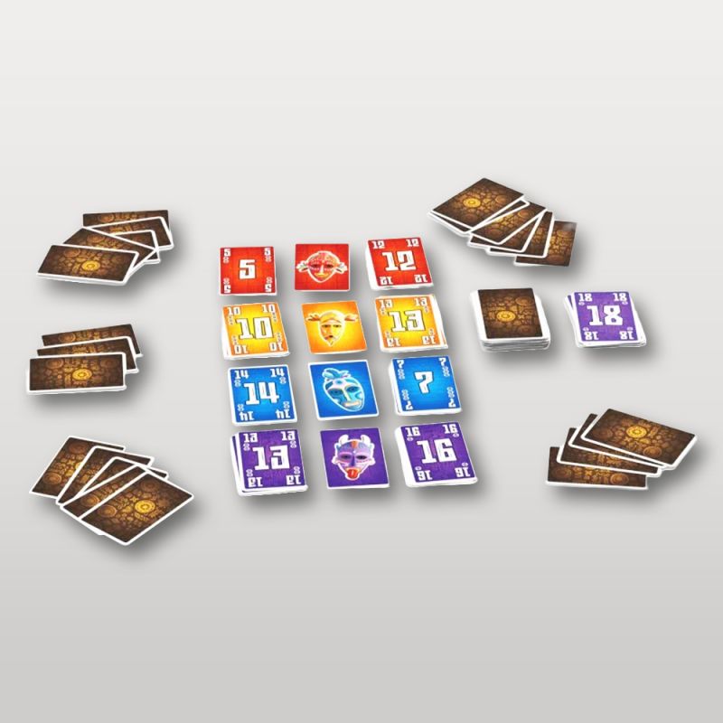 Disposition du jeu Cabanga en cours de partie, avec plusieurs cartes alignées sur une table.