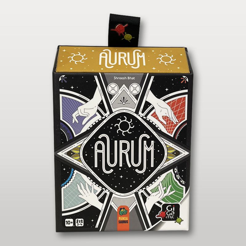 Boîte du jeu Aurum avec un design coloré représentant des mains et des symboles alchimiques.