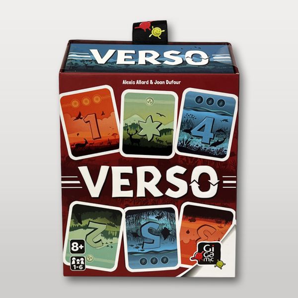 Boîte du jeu Verso montrant des cartes colorées avec des chiffres et des paysages recto-verso.