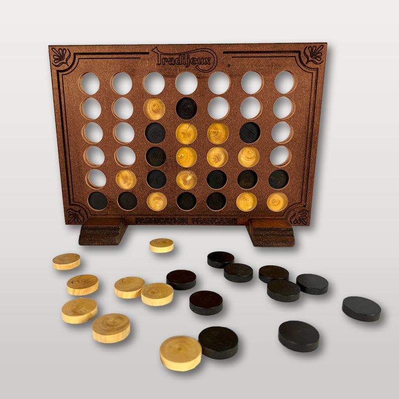 Puissance 4 en bois artisanal avec pions