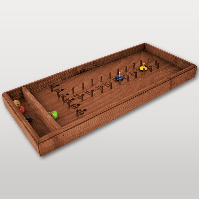 Vue en perspective du jeu Laby Toupies en bois