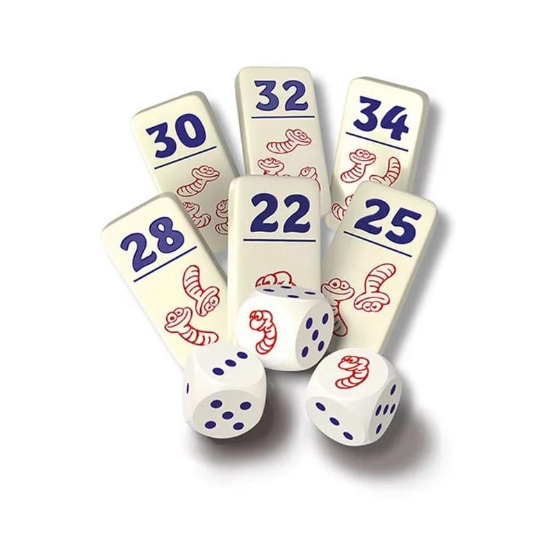 Dominos numérotés ornés de motifs de vers rouges avec deux dés du jeu pickomino