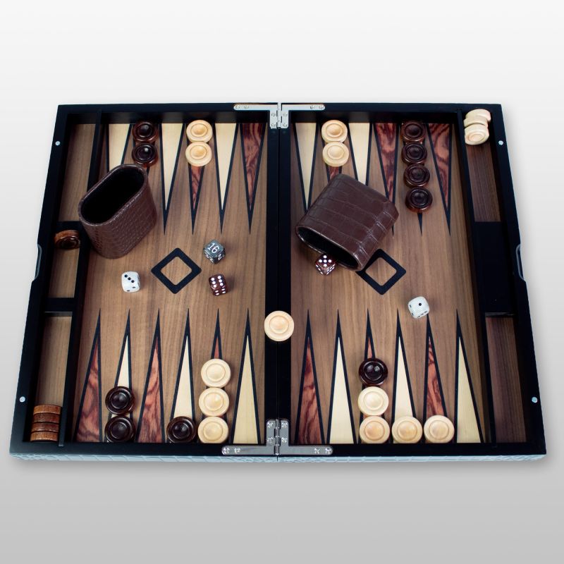 Backgammon en bois — tablier marqueterie, effet croco