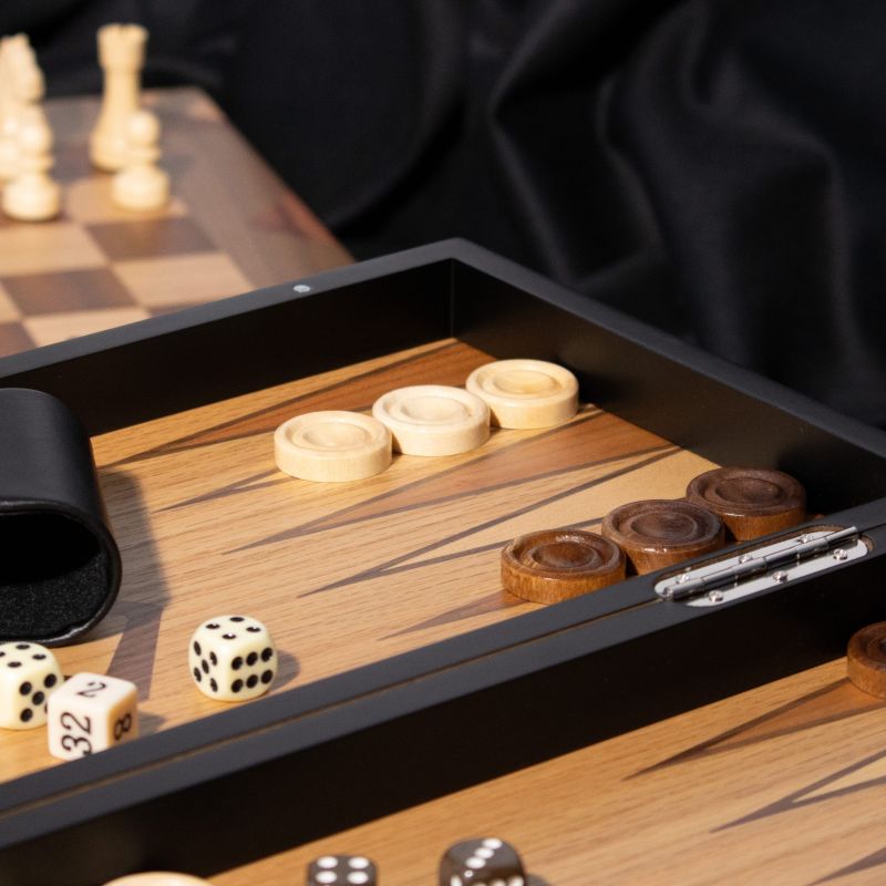 Coffret échecs dames et backgammon en marqueterie