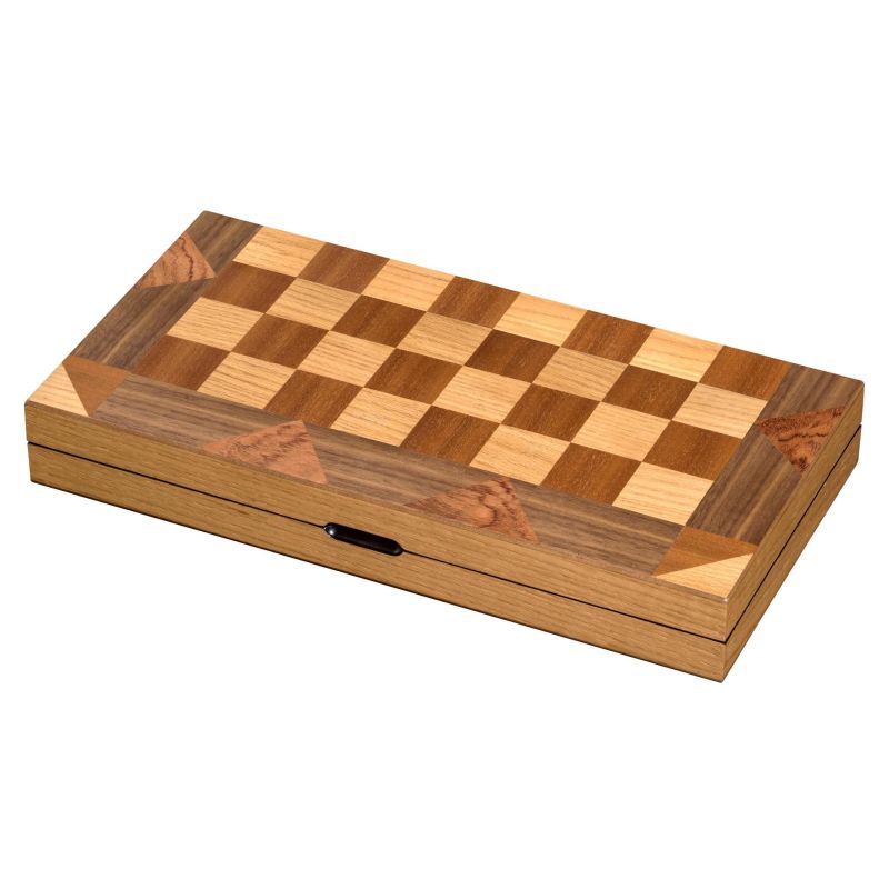 Coffret fermé montrant le dessus en marqueterie avec motifs triangulaires aux angles