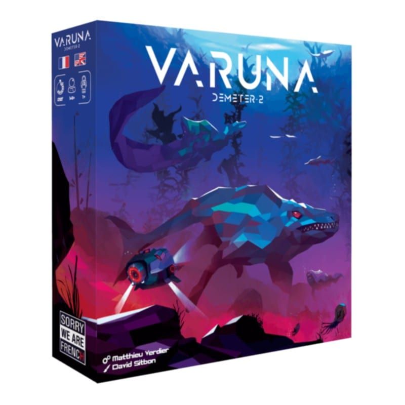 Boîte du jeu Varuna vue de trois quarts, avec pictogrammes d'âge, de joueurs et de durée