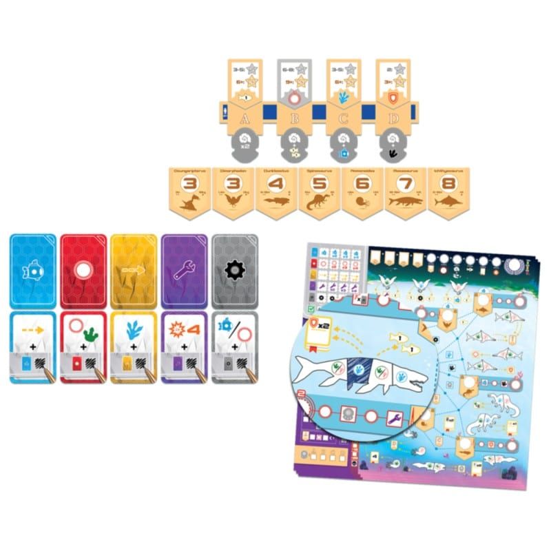Composants du jeu Varuna étalés : cartes oranges, jetons de créatures, cartes Action colorées et plateau sous-marin