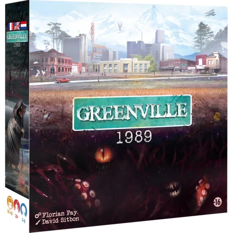 Boîte du jeu Greenville 1989, avec sa tranche affichant les icônes de nombre de joueurs, durée et âge minimum