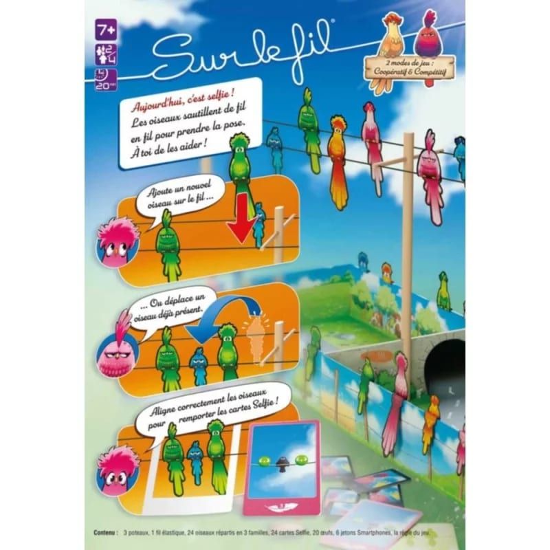 Dos de la boîte illustrant les étapes pour ajouter, déplacer et aligner les oiseaux sur le fil