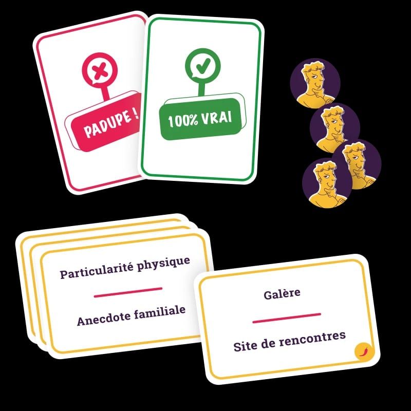 Cartes de réponse padupe et 100% vrai posées près des jetons violets du jeu