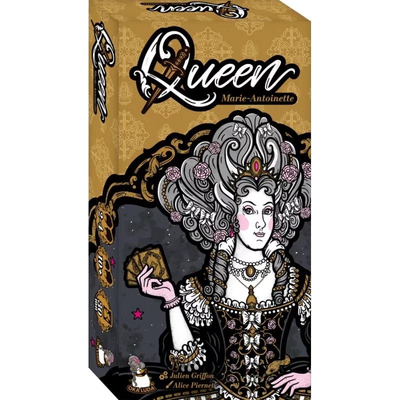 Boîte de Queen Marie-Antoinette, illustration d'une reine poudrée tenant des cartes à jouer