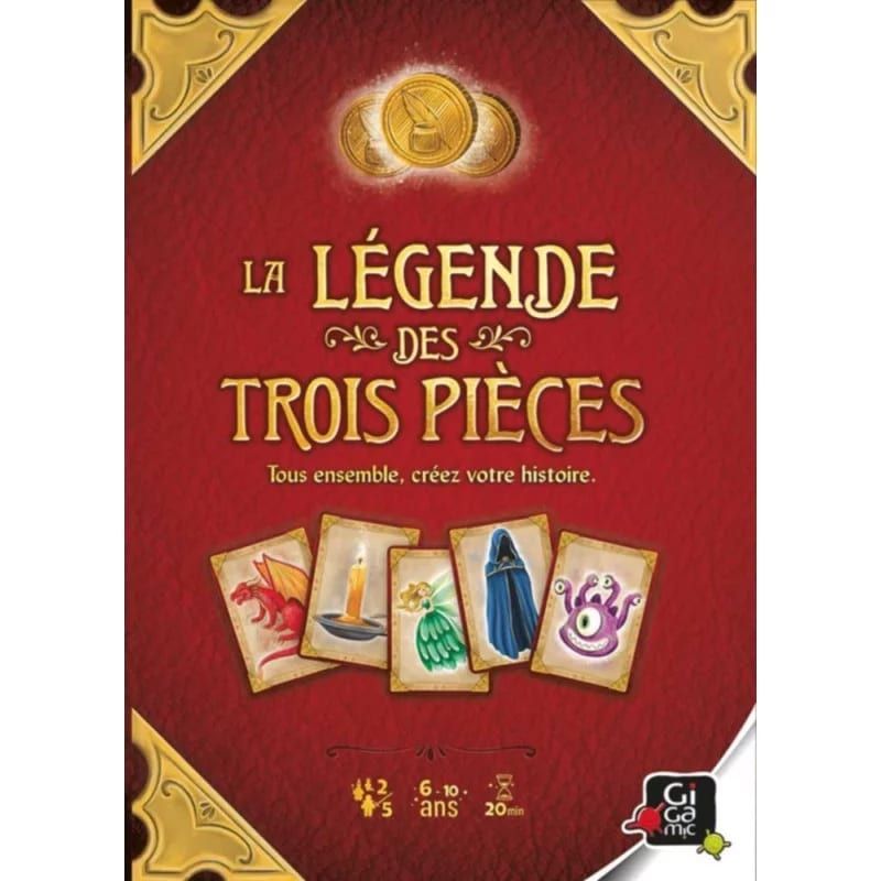 Boîte du jeu vue de face, avec trois pièces d'or, cinq cartes illustrées et les pictogrammes de joueurs, âge et durée.