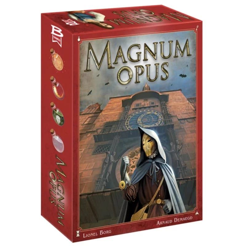 Tranche de la boîte de Magnum Opus ornée de quatre fioles colorées