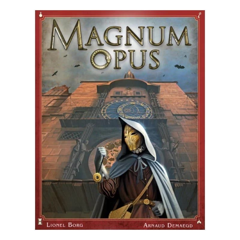 Boîte du jeu Magnum Opus, illustration d'un alchimiste masqué devant une tour astronomique