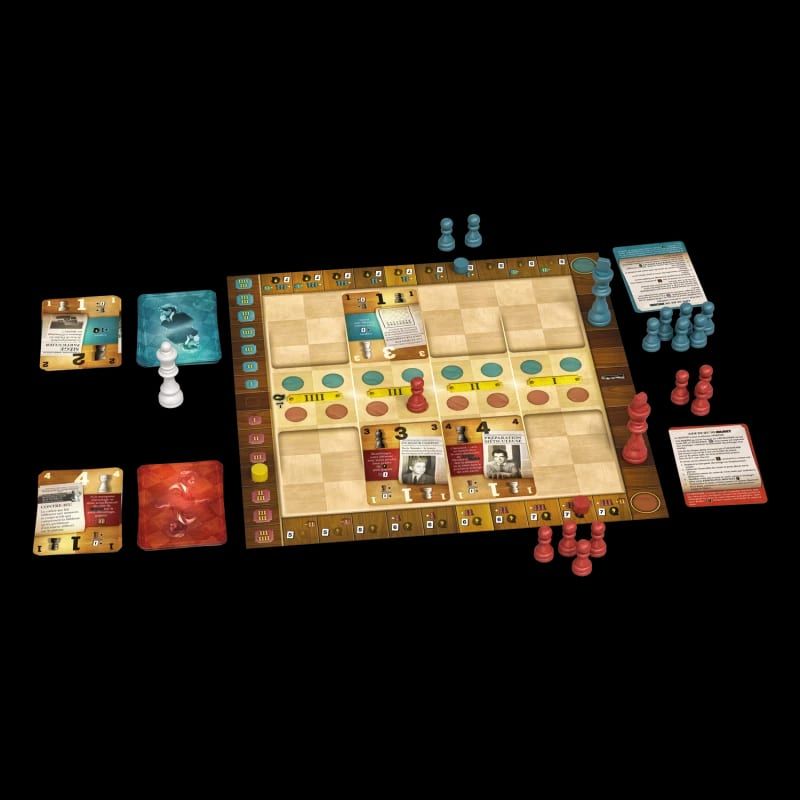 Matériel du jeu déployé : plateau, cartes, pions rouges et bleus, marqueurs
