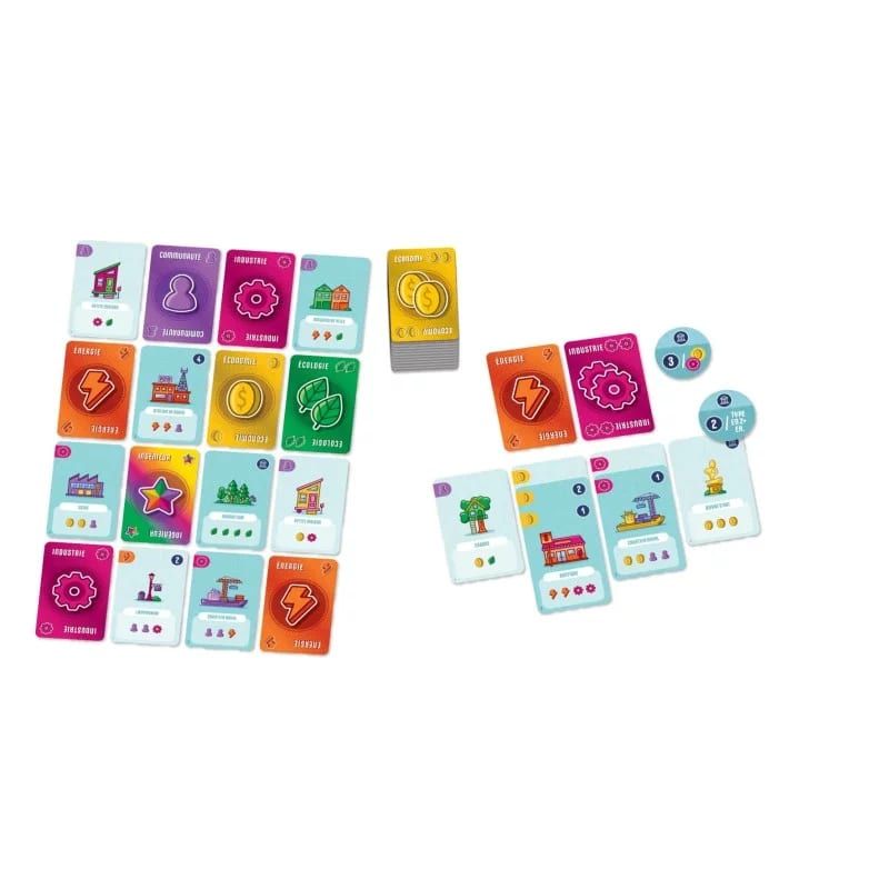 Cartes de bâtiments et jetons du jeu Point City disposés sur fond blanc