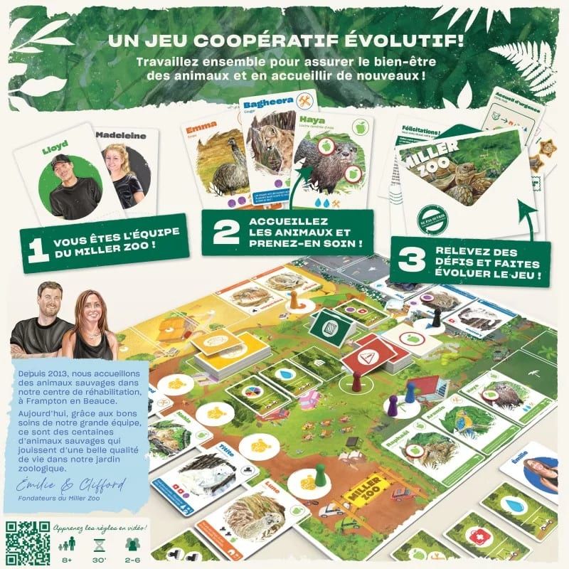 Page explicative du déroulement d'une partie de Miller Zoo avec cartes et plateau