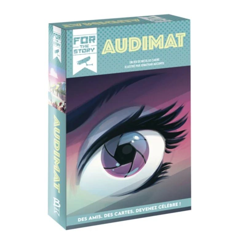 Boîte du jeu Audimat vue de trois quarts, illustration d'un œil en forme de diaphragme photo
