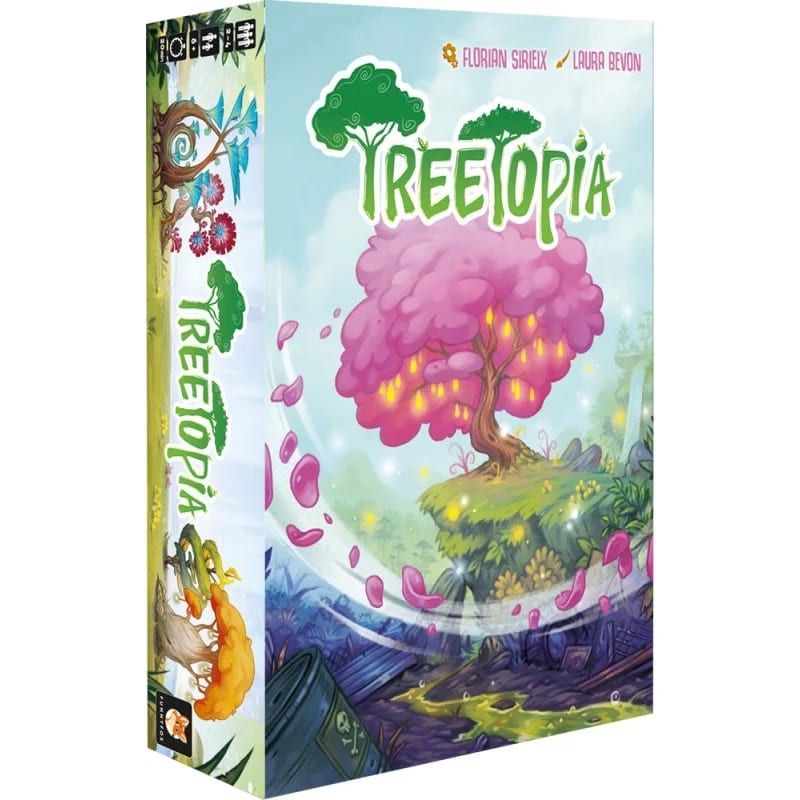 Boîte de Treetopia montrant un arbre aux fleurs roses entouré d'un décor pollué