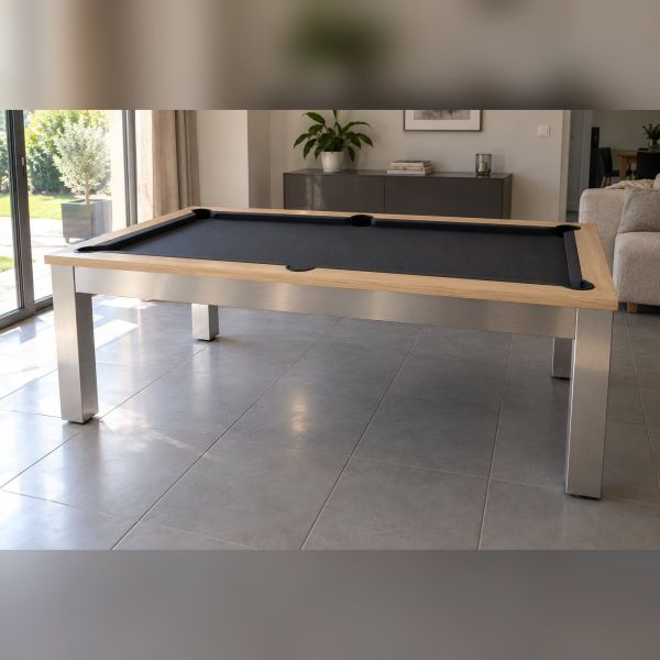Billard table convertible Trendy, cadre chêne clair et piètement inox brossé