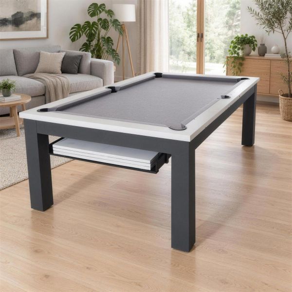Billard Trendy cadre blanc et pieds anthracite, avec sa nacelle de rangement