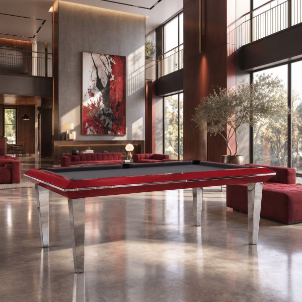 Billard Quartz laqué rouge, tapis gris, pieds chromés, dans un loft d'architecte